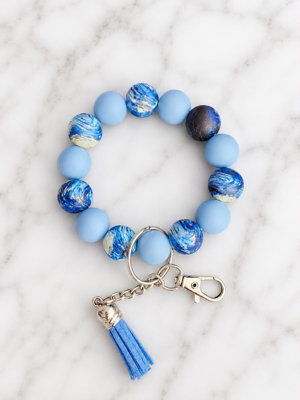 Blue Beaded Tassel Keychain Bracelet